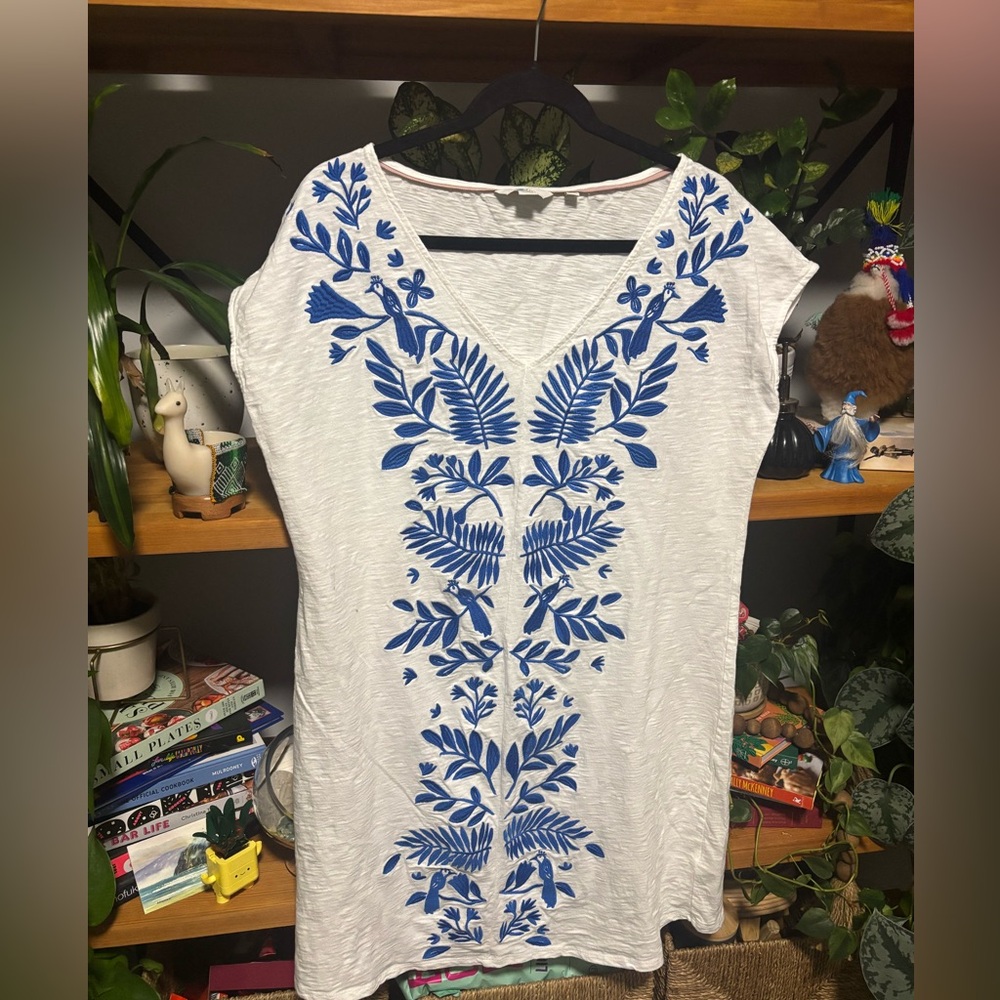 Boden White Midi Dress with Blue Embroidered Floral Motif
